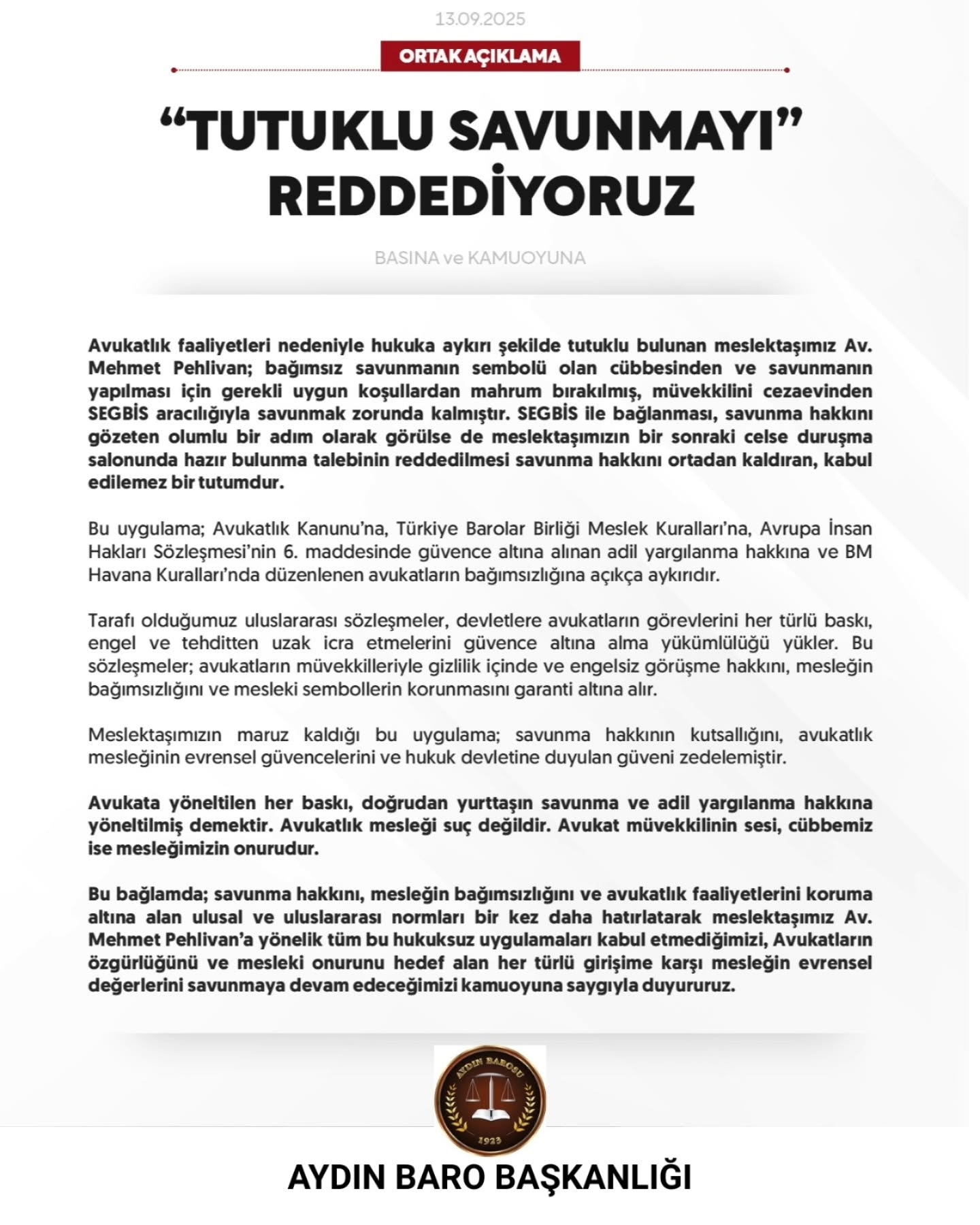 13.09.2025 Tarihli Basın AÇıklaması