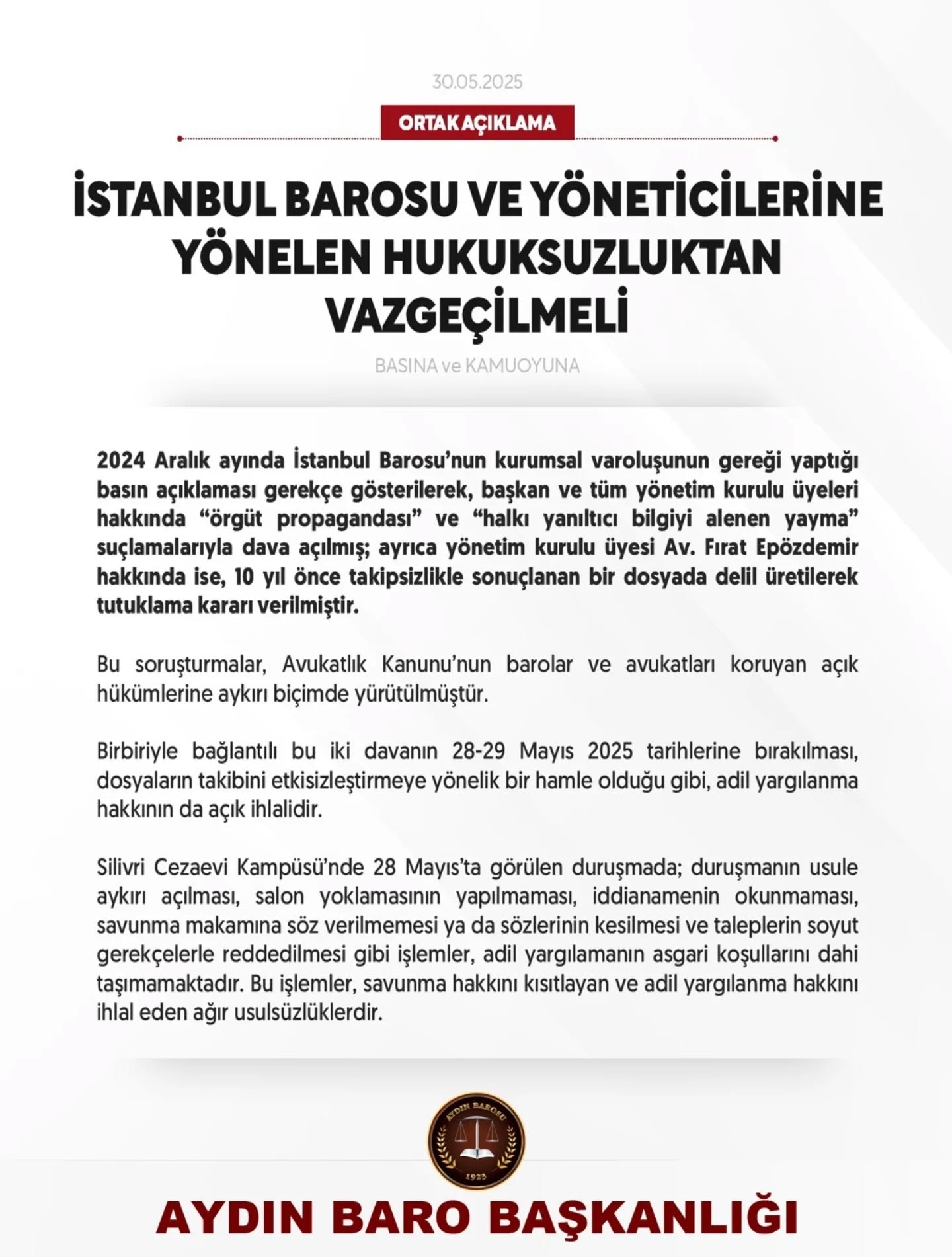 30.05.2025 Tarihli Basın AÇıklaması
